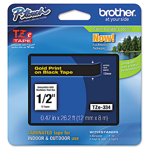 Brother TZe Standard Adhesive Laminated Labeling Tape, 0.47" x 26.2 ft, Gold on Black (TZE334)