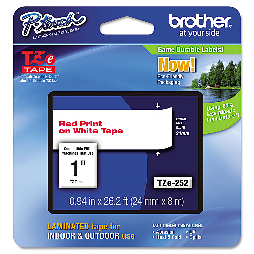 Brother TZe Standard Adhesive Laminated Labeling Tape, 0.94" x 26.2 ft, Red on White (TZE252)