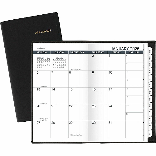 At-A-Glance Monthly Planner, Black, Pocket, 3 1/2" x 6" Monthly - 13 Month - January 2026 to January 2027 - 1 Month Double Page Layout - 3 1/2" x 6 1/8" Sheet Size - Black - Simulated Leather, Faux Leather - Pocket, Phone Directory, Unruled Dail (7006405)