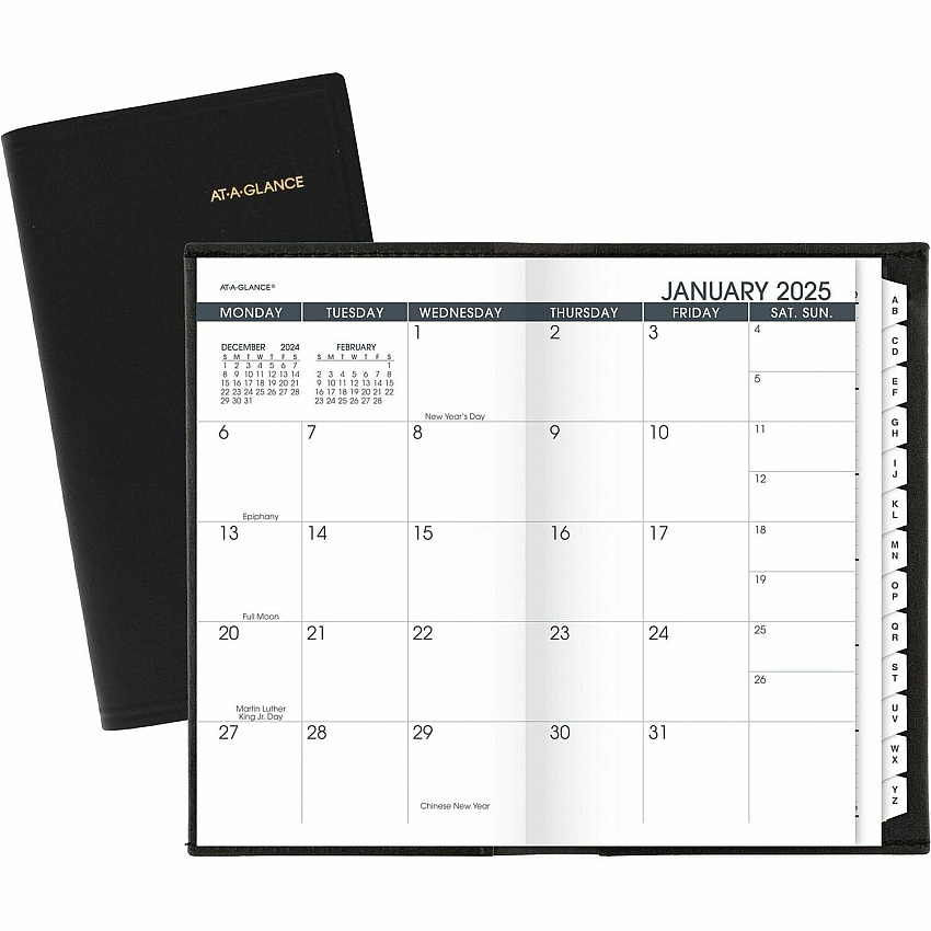 At-A-Glance Monthly Planner, Black, Pocket, 3 1/2" x 6" Monthly - 13 Month - January 2026 to January 2027 - 1 Month Double Page Layout - 3 1/2" x 6 1/8" Sheet Size - Black - Simulated Leather, Faux Leather - Pocket, Phone Directory, Unruled Dail (7006405)