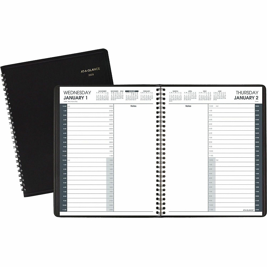 At-A-Glance 24-HourAppointment Book Planner Medium - Julian Dates - Daily - 1 Year - January 2026 to December 2026 - 12:00 AM to 11:00 PM - Hourly - 1 Day Single Page Layout - 7" x 8 3/4" Sheet Size - White Sheet - Wire Bound - Black - Simulated (7082405)