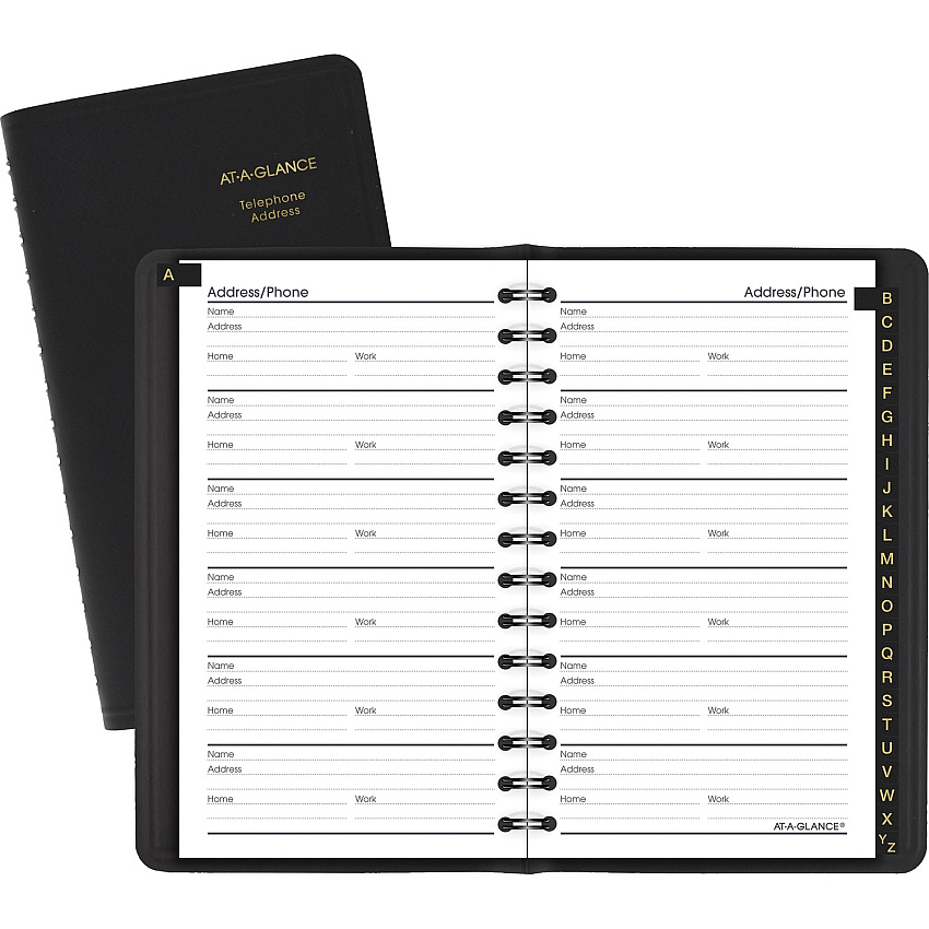 At-A-Glance Small Telephone Address Book Wire Bound - Black - Leather - 1 Each (8020105)