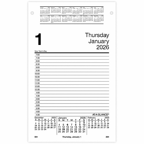 At-A-Glance Pad Style Desk Pad Calendar Refill Large - Julian Dates - Daily - 12 Month - January 2026 to December 2026 - 7:00 AM to 4:30 PM - Half-hourly - 1 Day Double Page Layout - 5" x 8" Sheet Size - White Sheet - Desktop, Desk - White - Pape (E45850)