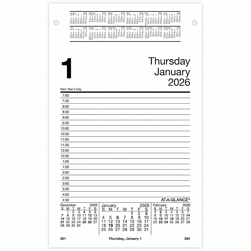At-A-Glance Pad Style Desk Pad Calendar Refill Large - Julian Dates - Daily - 12 Month - January 2026 to December 2026 - 7:00 AM to 4:30 PM - Half-hourly - 1 Day Double Page Layout - 5" x 8" Sheet Size - White Sheet - Desktop, Desk - White - Pape (E45850)