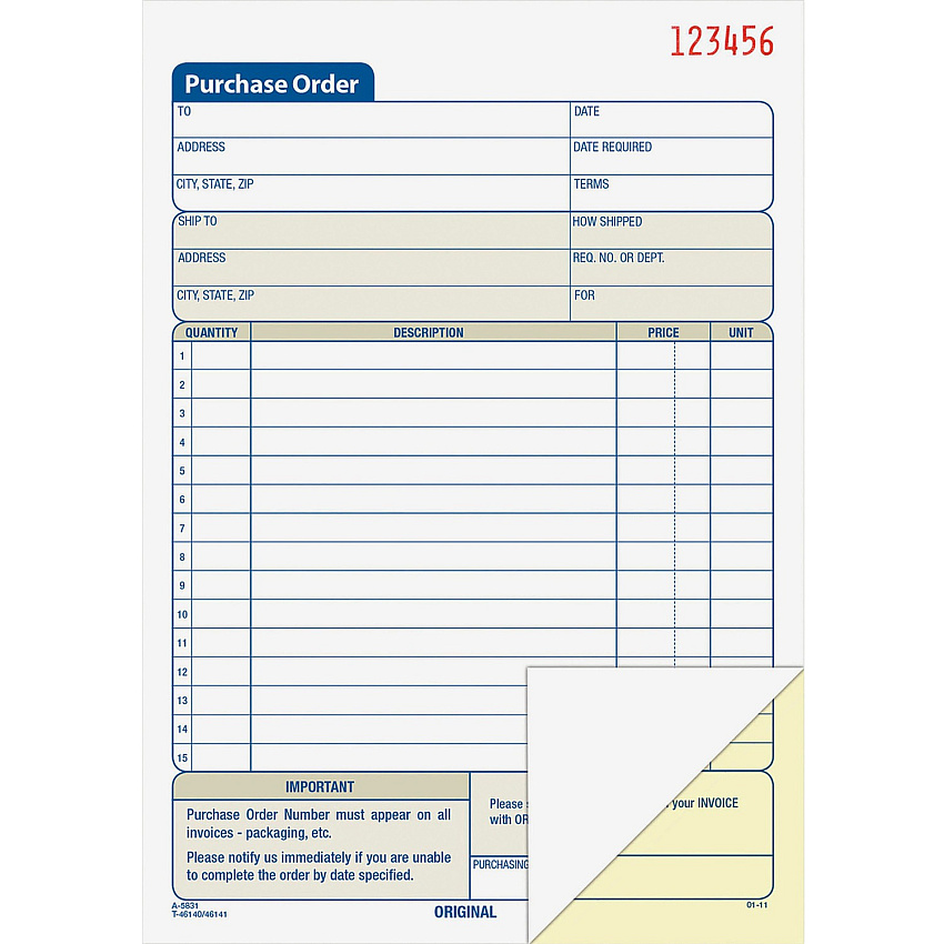 Adams Carbonless Purchase Order Statement Tape Bound - 2 Part - Carbonless Copy - 5.56" x 8.43" Sheet Size - 2 x Holes - White, Canary - Assorted Sheet(s) - 1 Each (DC5831)