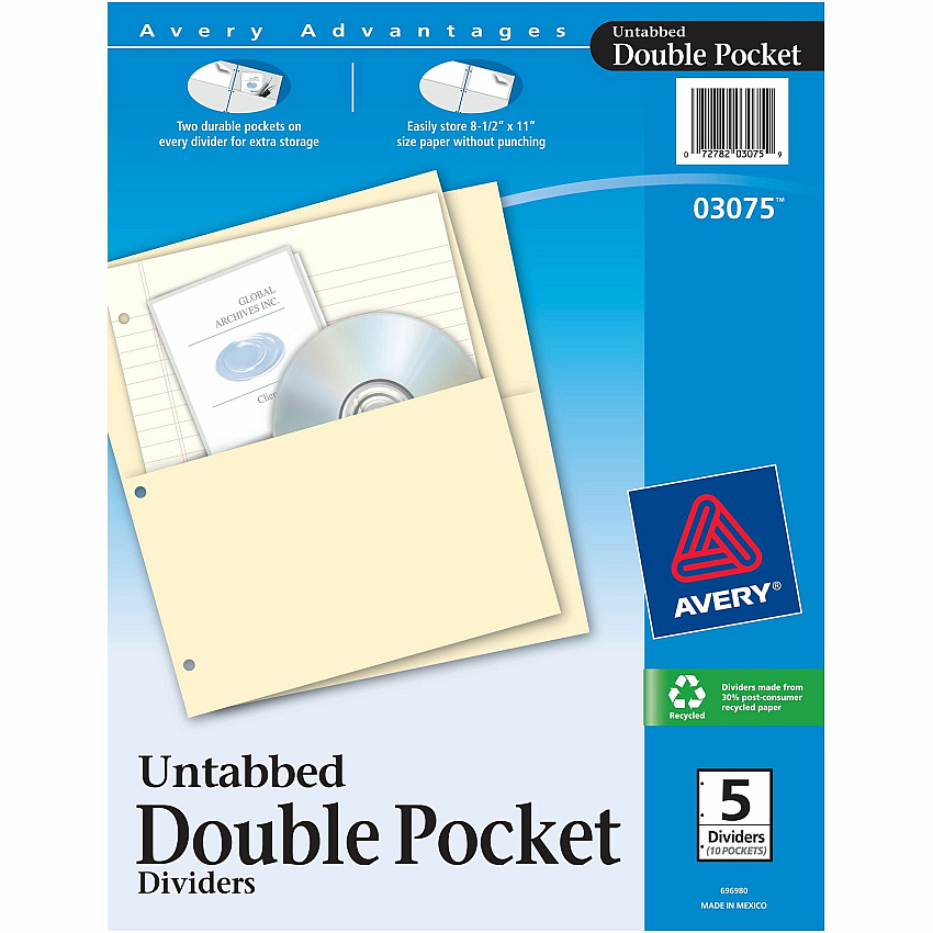 Avery&reg; Untabbed Double Pocket Dividers 11.1" Height x 9.3" Width - 2 x Pockets Capacity - For Letter 8 1/2" x 11" Sheet - Ring Binder - Rectangular - Buff - 5 / Pack (03075)