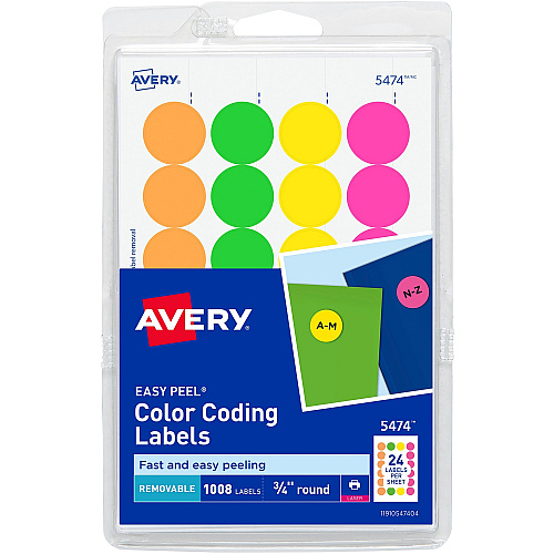 Avery&reg; Color Coded Label 3/4" Diameter - Removable Adhesive - Round - Laser - Neon Green, Neon Orange, Neon Pink, Neon Yellow - Paper - 24 / Sheet - 42 Total Sheets - 1008 Total Label(s) - 1008 / Pack (05474)