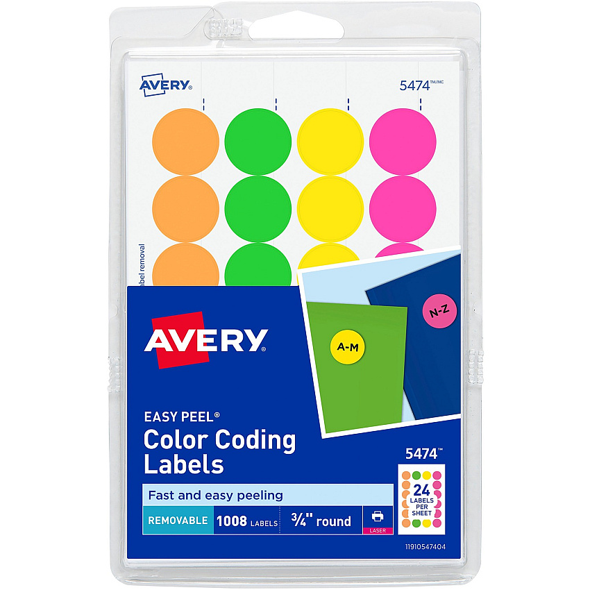 Avery&reg; Color Coded Label 3/4" Diameter - Removable Adhesive - Round - Laser - Neon Green, Neon Orange, Neon Pink, Neon Yellow - Paper - 24 / Sheet - 42 Total Sheets - 1008 Total Label(s) - 1008 / Pack (05474)