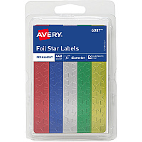 Avery&reg; Assorted Foil Star Labels Learning Theme/Subject - Star Shape - Permanent Adhesive - 0.50" Height - Red, Blue, Silver, Green, Gold - Paper - 440 / Pack (06007)