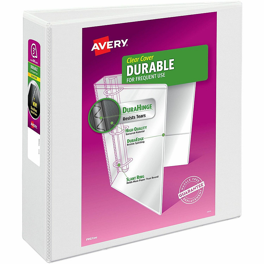Avery&reg; Durable View Binder - EZD Rings 3" Binder Capacity - Letter - 8 1/2" x 11" Sheet Size - 670 Sheet Capacity - 3 Ring(s) - Fastener(s): D-Ring - Pocket(s): 4, Internal - Poly - White - Recycled - Easy Insert Spine, Exposed Rivet, Gap-free (09701)