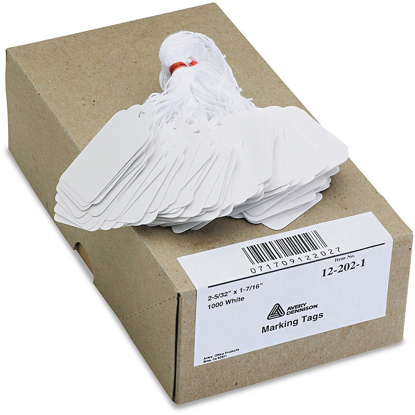 Avery AMarking Tags, Strung, 2-5/32" x 1-7/16" , 1,000 Tags 2.16" Length x 1.44" Width - Rectangular - Twine Fastener - Cotton, Polyester, Card Stock - White - 1000 / Box (12202)