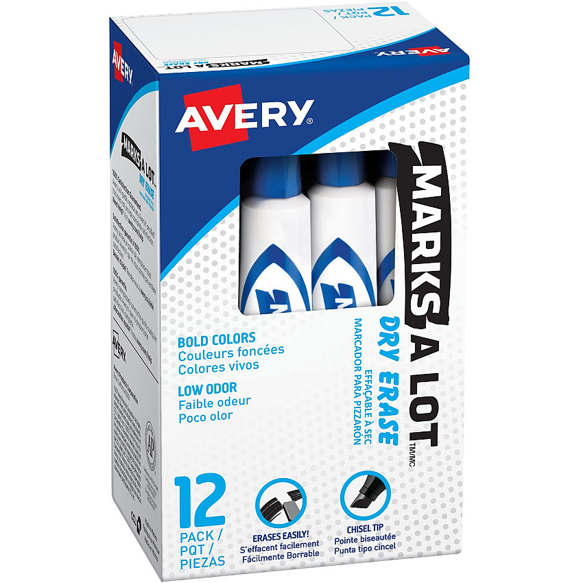 Avery&reg; Marks A Lot Desk-Style Dry Erase Marker 5 mm Chisel Marker Point - Erasable - Washable - Blue Ink - Dry - White Barrel - Home, Classroom, Office, School, Document, Writing (24406)