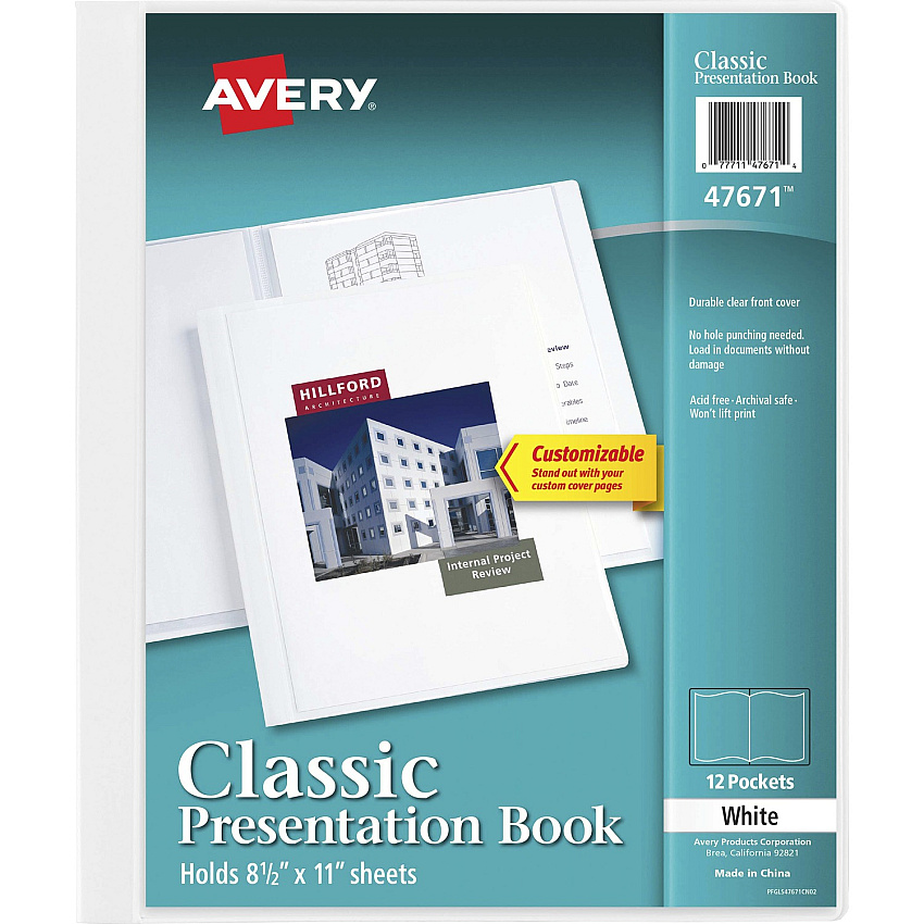 Avery&reg; White Presentation Book Letter - 8 1/2" x 11" Sheet Size - 24 Sheet Capacity - Pocket(s): Internal - Polypropylene - Non-stick, Spill-free, Durable - 1 Each (47671)