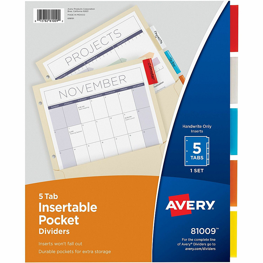 Avery Insertable 5-Tab Dividers 5 x Divider(s) - 5 Tab(s) - 5 - 5 Tab(s)/Set - 9.3" Divider Width x 11.12" Divider Length - 3 Hole Punched - Buff Paper Divider - Multicolor Paper, Plastic Tab(s) - Durable, Reinforced Hole, Hole-punched, Insertable (81009)