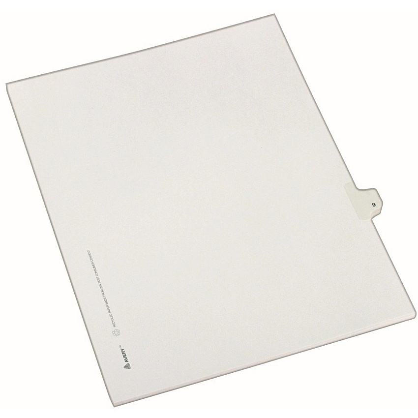 Avery&reg; Individual Legal Dividers Allstate(R) Style, Letter Size, Side Tab #9 25 x Divider(s) - Side Tab(s) - 9 - 1 Tab(s)/Set - 8.5" Divider Width x 11" Divider Length - Letter - White Paper Divider - Clear Tab(s) - 20% Recycled (82207)