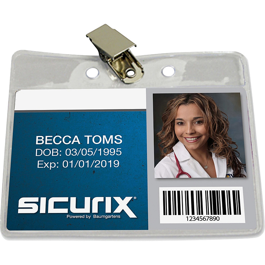 SICURIX Horizontal Badge Holder with Clip Horizontal - 2.5" Height x 3.5" Width - Vinyl - Clear - Sturdy, Transparent Design - 50 / Pack (67850)