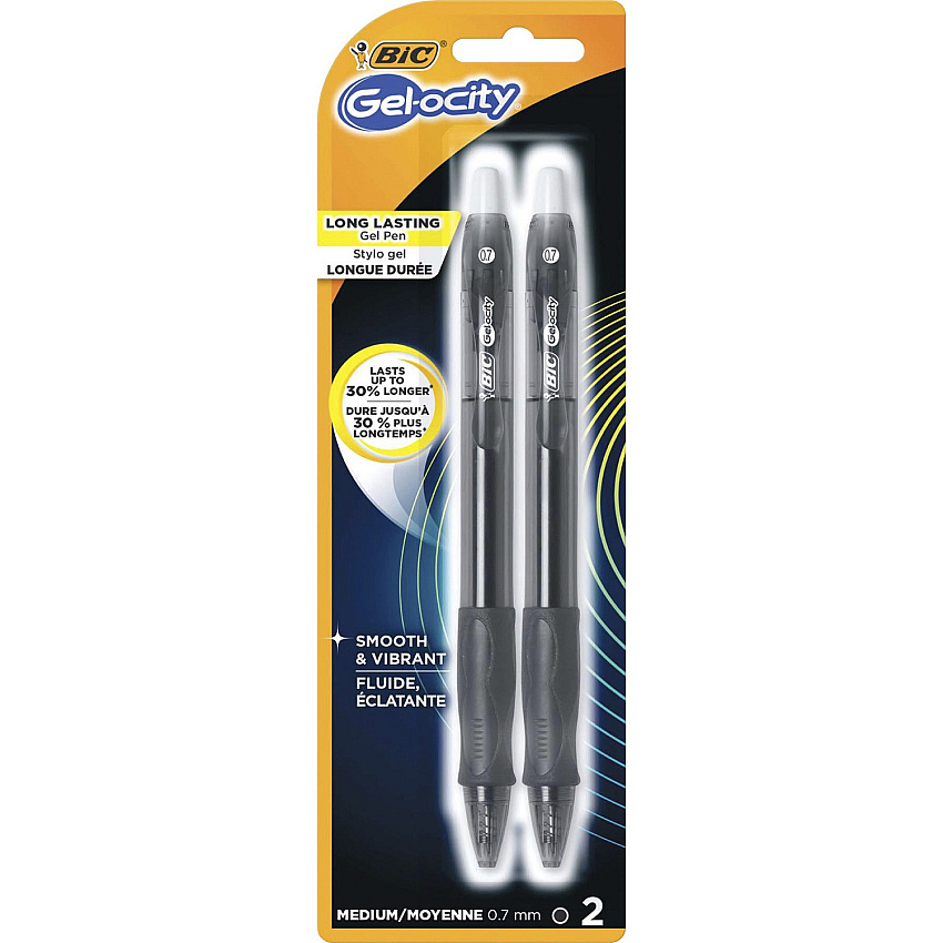 BIC Gel Retractable Pens 0.7 mm Medium Pen Point - Refillable - Retractable - Black Ink - Gel-based - Translucent Barrel - 2 / Pack (RLCP21BK)