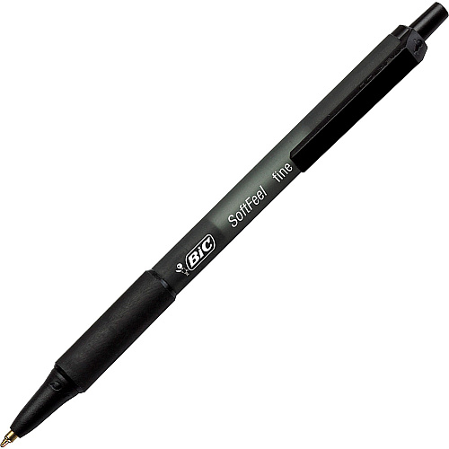 BIC SoftFeel Retractable Ball Pens Fine Pen Point - Retractable - Black Ink - Black Rubber Barrel - 1 Dozen (SCSF11BK)