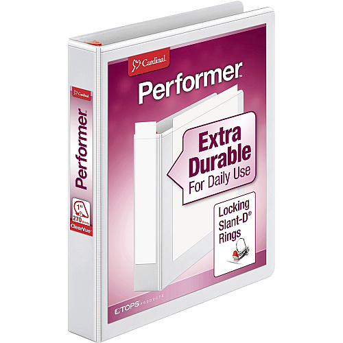 Cardinal Xtravalue Clearvue Locking D-Ring Binder 1" Binder Capacity - Letter - 8 1/2" x 11" Sheet Size - 270 Sheet Capacity - 1" Spine Width - 3 x D-Ring Fastener(s) - 2 Inside Front & Back Pocket(s) - Vinyl - White - 1 lb - Locking Ring, Clear O (19010)