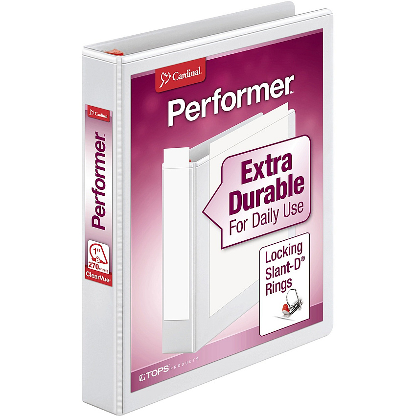 Cardinal Xtravalue Clearvue Locking D-Ring Binder 1" Binder Capacity - Letter - 8 1/2" x 11" Sheet Size - 270 Sheet Capacity - 1" Spine Width - 3 x D-Ring Fastener(s) - 2 Inside Front & Back Pocket(s) - Vinyl - White - 1 lb - Locking Ring, Clear O (19010)