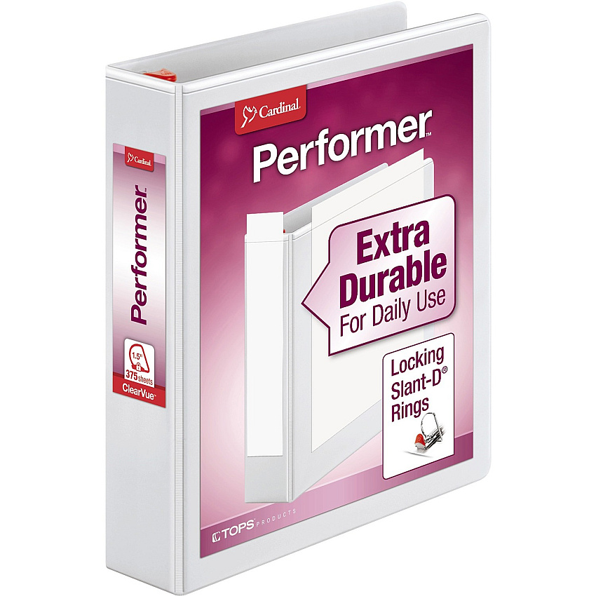 Cardinal Xtravalue Clearvue Locking D-Ring Binder 1 1/2" Binder Capacity - Letter - 8 1/2" x 11" Sheet Size - 375 Sheet Capacity - 1 3/5" Spine Width - 3 Ring(s) - Fastener(s): D-Ring - Pocket(s): 2, Inside Front & Back - Vinyl - White - 1.08 lb - (19020)