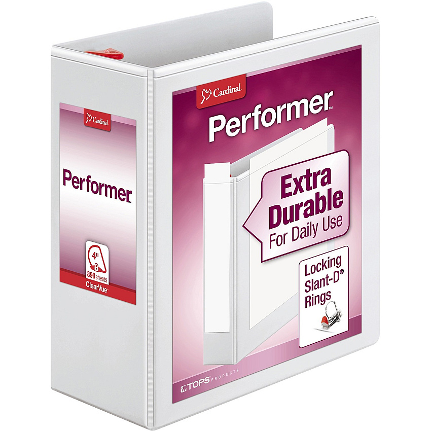 Cardinal Xtravalue Clearvue Locking D-Ring Binder 4" Binder Capacity - Letter - 8 1/2" x 11" Sheet Size - 890 Sheet Capacity - 3 3/5" Spine Width - 3 Ring(s) - Fastener(s): D-Ring - Pocket(s): 2, Inside Front & Back - Vinyl - White - 2.04 lb - Loc (19050)
