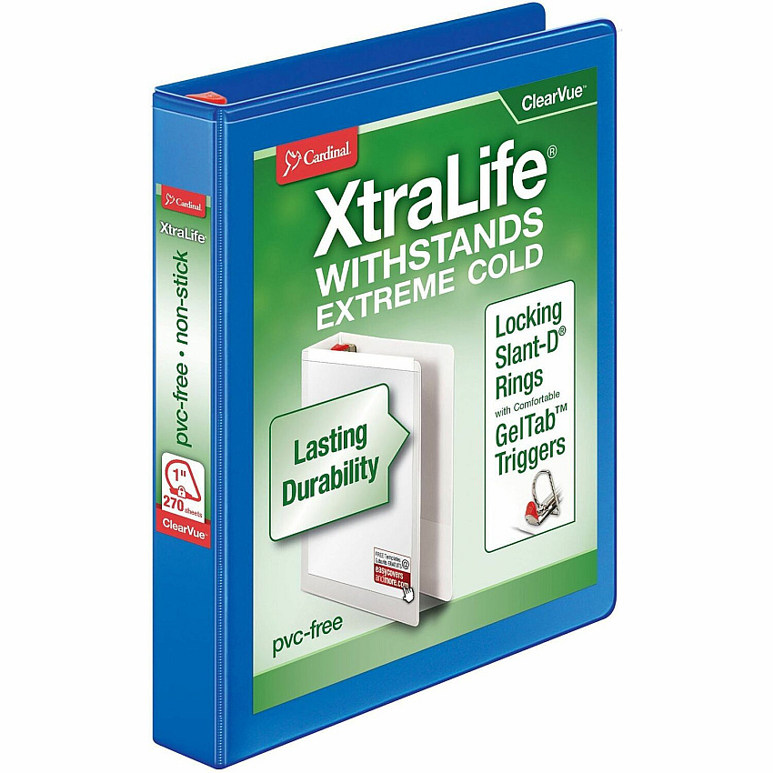 Cardinal Xtralife ClearVue Locking Slant-D Binders 1" Binder Capacity - Letter - 8 1/2" x 11" Sheet Size - 270 Sheet Capacity - 1" Spine Width - 3 Ring(s) - Fastener(s): D-Ring - Pocket(s): 2, Inside Front & Back - Polyolefin - Blue - 14.40 oz - N (26302)