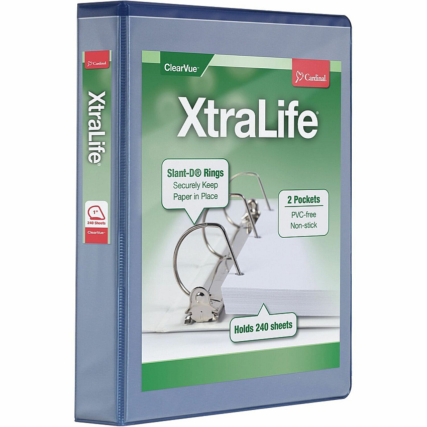 Cardinal Xtralife ClearVue Locking Slant-D Binders 1 1/2" Binder Capacity - Letter - 8 1/2" x 11" Sheet Size - 375 Sheet Capacity - 1 3/5" Spine Width - 3 Ring(s) - Fastener(s): D-Ring - Pocket(s): 2, Inside Front & Back - Polyolefin - Blue - 1.05 (26312)