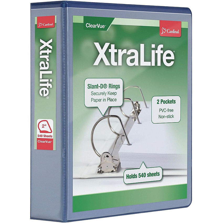Cardinal Xtralife ClearVue Locking Slant-D Binders 2" Binder Capacity - Letter - 8 1/2" x 11" Sheet Size - 540 Sheet Capacity - 2 1/2" Spine Width - 3 Ring(s) - Fastener(s): D-Ring - Pocket(s): 2, Inside Front & Back - Polyolefin - Blue - 1.25 lb  (26322)