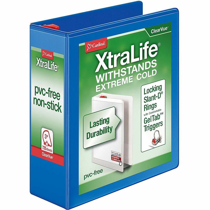 Cardinal Xtralife ClearVue Locking Slant-D Binders 3" Binder Capacity - Letter - 8 1/2" x 11" Sheet Size - 725 Sheet Capacity - 2 29/32" Spine Width - 3 Ring(s) - Fastener(s): D-Ring - Pocket(s): 2, Inside Front & Back - Polyolefin - Blue - 1.60 l (26332)