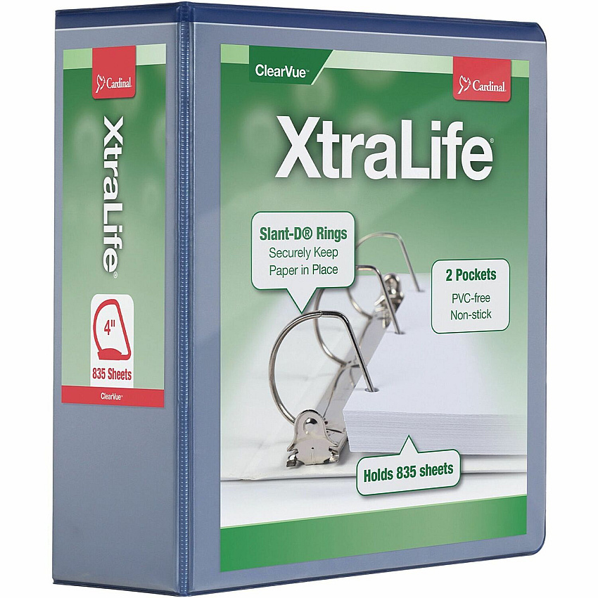 Cardinal Xtralife ClearVue Locking Slant-D Binders 4" Binder Capacity - Letter - 8 1/2" x 11" Sheet Size - 890 Sheet Capacity - 3 3/5" Spine Width - 3 Ring(s) - Fastener(s): D-Ring - Pocket(s): 2, Inside Front & Back - Polyolefin - Blue - 1.80 lb  (26342)