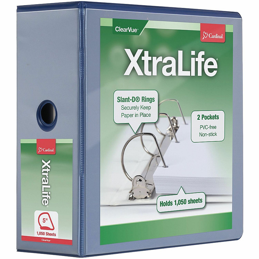 Cardinal Xtralife ClearVue Locking Slant-D Binders 5" Binder Capacity - Letter - 8 1/2" x 11" Sheet Size - 1100 Sheet Capacity - 4 3/8" Spine Width - 3 Ring(s) - Fastener(s): D-Ring - Pocket(s): 2, Inside Front & Back - Polyolefin - Blue - 2.25 lb (26352)
