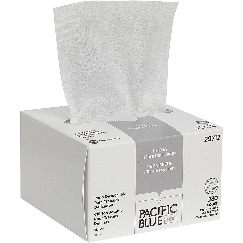 Pacific Blue Basic AccuWipe Recycled Disposable Delicate Task Wipers For Precision Part, Instrument, Lens - Absorbent, Soft, Non-abrasive, Disposable, Streak-free - Fiber - White - 280 / Box (29712)