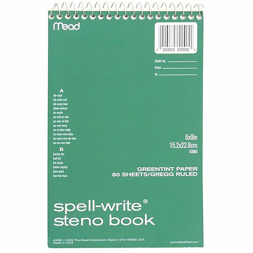 Mead Spell-Write Steno Book 80 Sheets - Wire Bound - 6" x 9" Sheet Size - Green Paper - Cardboard Cover - 1 Each (43080)