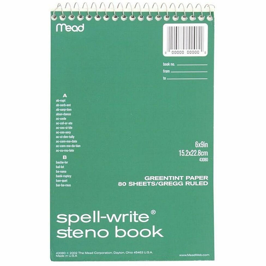Mead Spell-Write Steno Book 80 Sheets - Wire Bound - 6" x 9" Sheet Size - Green Paper - Cardboard Cover - 1 Each (43080)