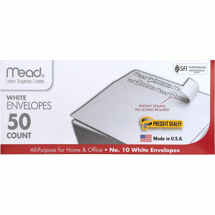 Mead Plain White Self-Seal Business Envelopes Business - #10 - 4 1/8" Width x 9 1/2" Length - Self-sealing - White - 50 / Box (75024)