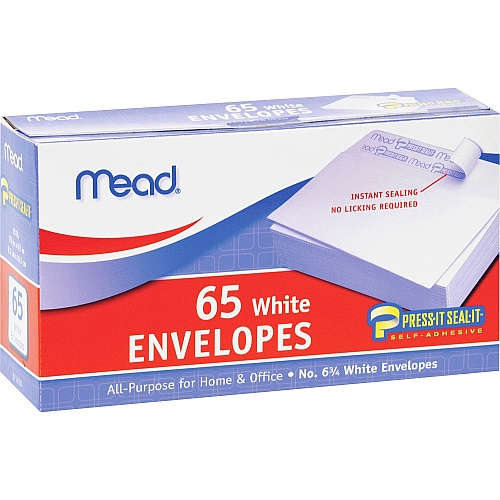 Mead No. 6-3/4 All-purpose White Envelopes Business - #6 3/4 - 3 5/8" Width x 6 1/2" Length - Self-sealing - White - 65 / Box (75028)