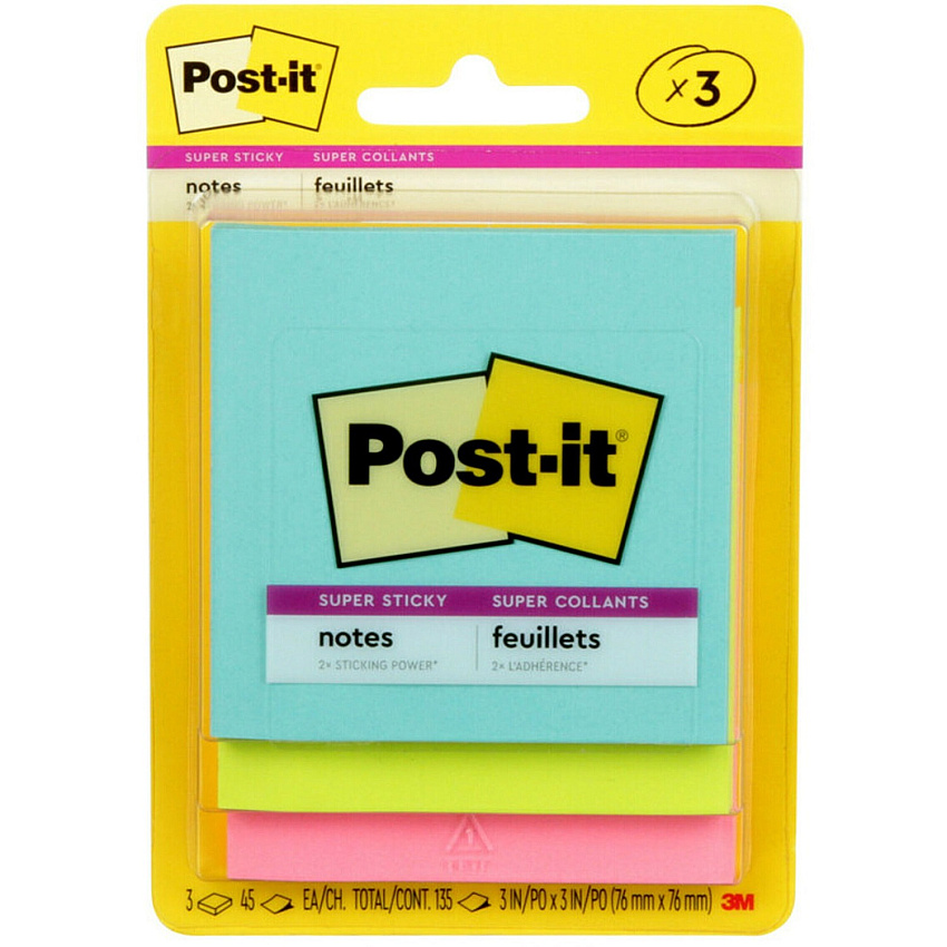 Post-it&reg; Super Sticky Notes - Supernova Neons Color Collection 135 - 3" Flag/Note Width x 3" Flag/Note Length - Square - 45 Sheets per Pad - Unruled - Aqua Splash, Acid Lime, Tropical Pink - Paper - Self-adhesive - 3 / Pack (3321SSAN)
