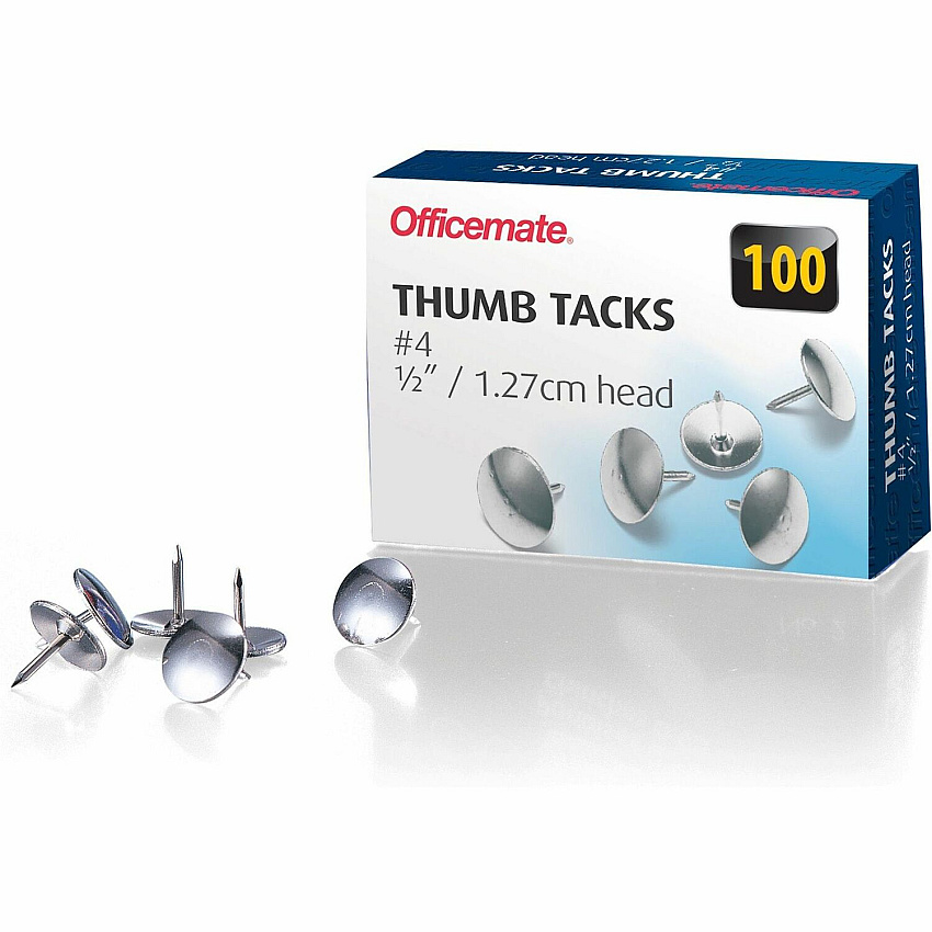 Officemate Steel Thumb Tacks 0.50" Head - Silver - 100 / Box (92914)