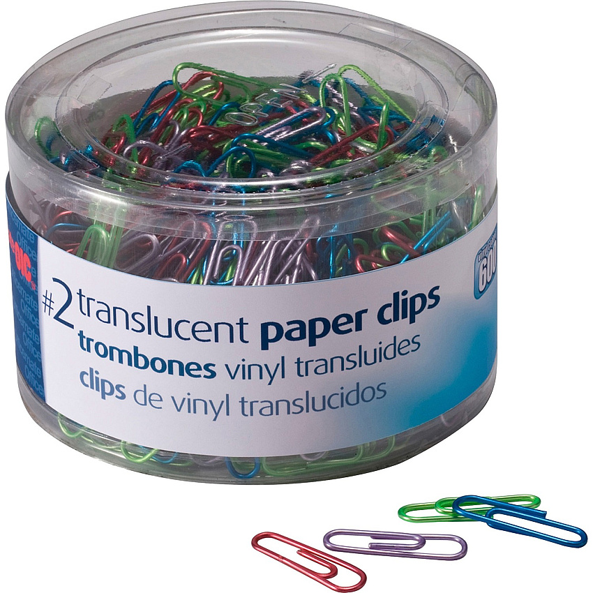 Officemate Translucent #2 Vinyl Paper Clips No. 2 - Blue, Purple, Green, Red, Silver - Vinyl - 600 / Pack (97211)