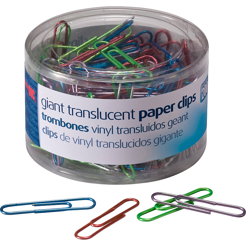 Officemate Giant Translucent Vinyl Paper Clips Jumbo - 2" Length x 0.5" Width - Blue, Red, Green, Silver, Purple - Vinyl - 200 / Pack (97212)