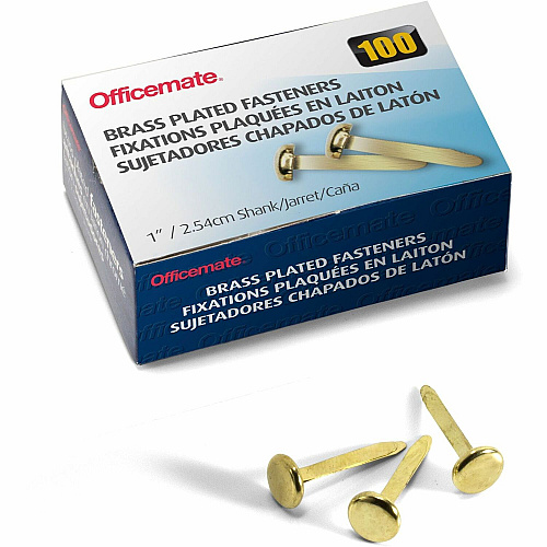 Officemate Roundhead Fasteners 1" Shank - 0.38" Head - Brass - 100 / Box (99814)