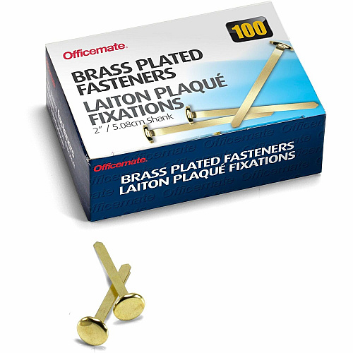Officemate Roundhead Fasteners 2" Shank - 0.50" Head - Brass - 100 / Box (99817)