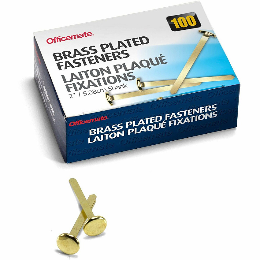 Officemate Roundhead Fasteners 2" Shank - 0.50" Head - Brass - 100 / Box (99817)