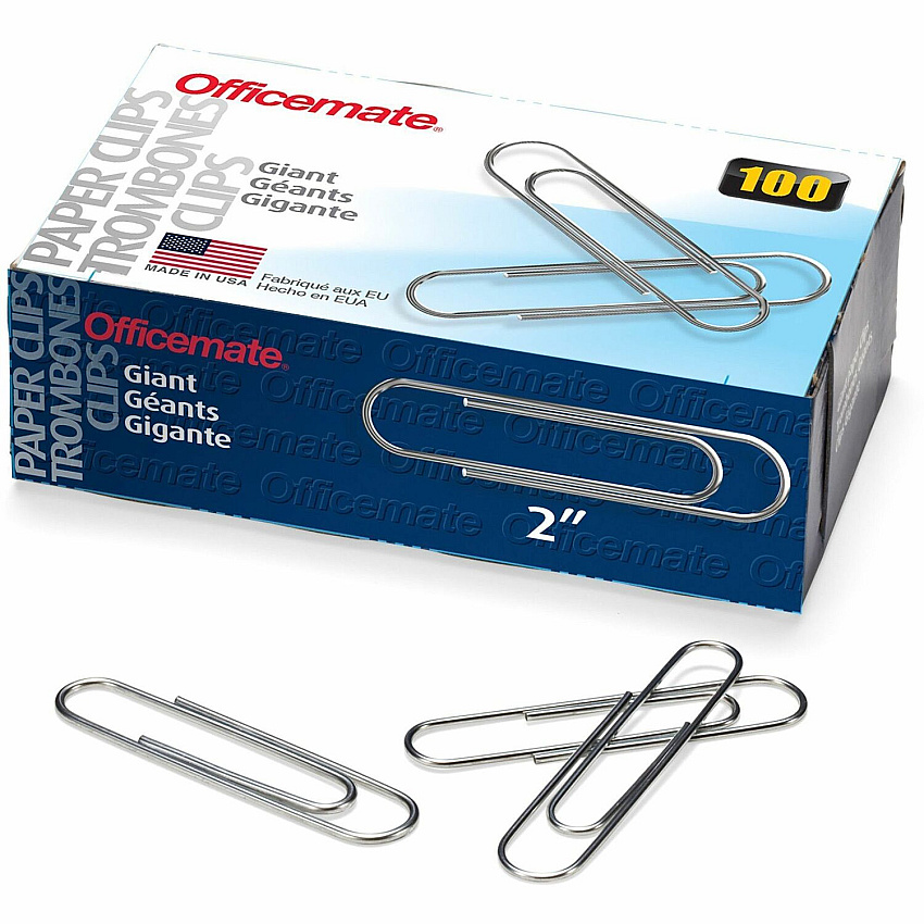 Officemate Giant Gem Paper Clips Jumbo - 2" Length x 0.5" Width - Silver - Steel - 100/Box - 10 / Pack (99914)