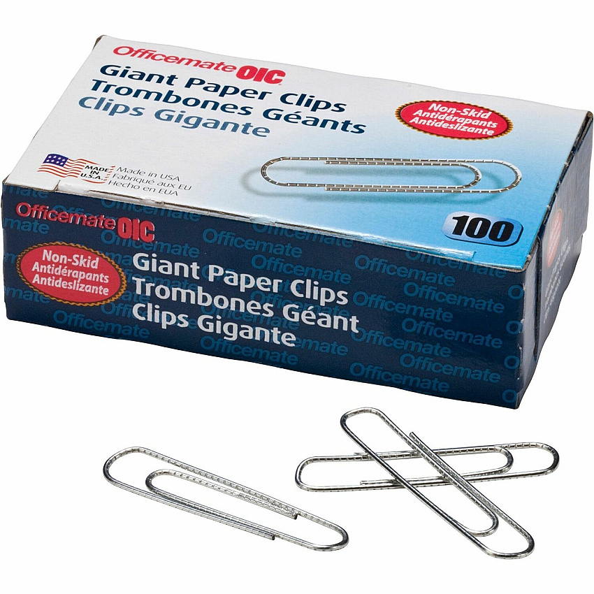 Officemate Giant Non-skid Paper Clips Jumbo - 2" Length x 0.5" Width - Silver - Steel - 100/Box - 10 / Pack (99915)