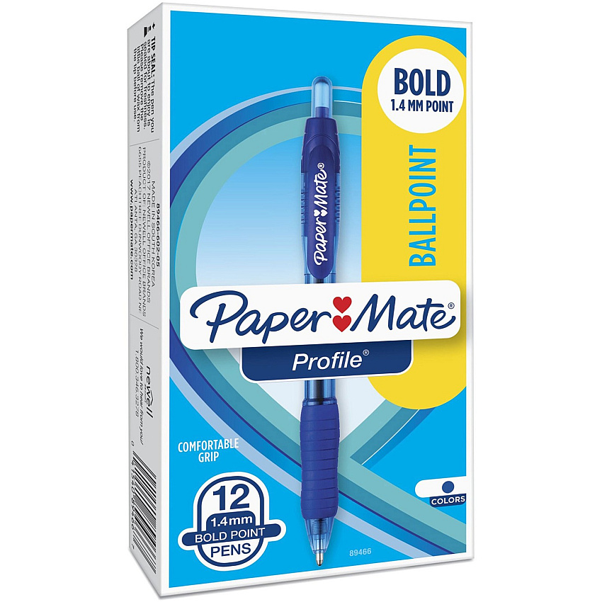 Paper Mate Retractable Profile Ballpoint Pens 1.4 mm Bold Pen Point - Retractable - Blue Ink - Gel-based - Blue Barrel - 1 Dozen (89466A)