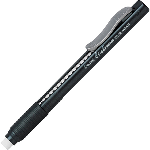 Pentel Rubber Grip Clic Eraser Black - Black Barrel - Pen - Refillable - 1 Each - Retractable, Latex-free Grip, Ghost Resistant, Pocket Clip (ZE22A)