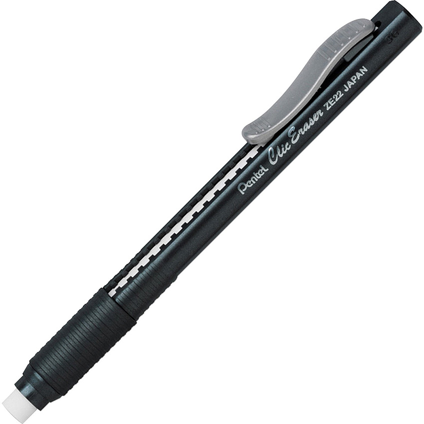 Pentel Rubber Grip Clic Eraser Black - Black Barrel - Pen - Refillable - 1 Each - Retractable, Latex-free Grip, Ghost Resistant, Pocket Clip (ZE22A)