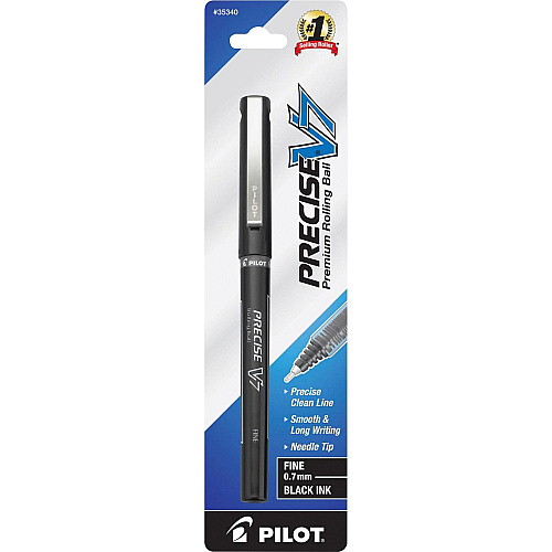 Pilot Precise V7 Fine Premium Capped Rolling Ball Pens 0.7 mm Fine Pen Point - Black Ink - Black Plastic Barrel - 1 / Pack (35340)